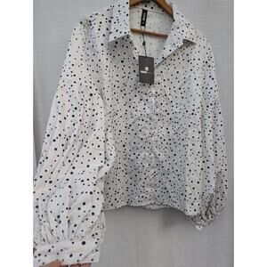 StyleWe Womens Puff Sleeve Polka Dot Button Up Blouse Sz M Minimalist Chic Retro